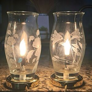 Pair of Vtg 9" Electric Crystal Hurricane Lamp, Frosted Floral Etched